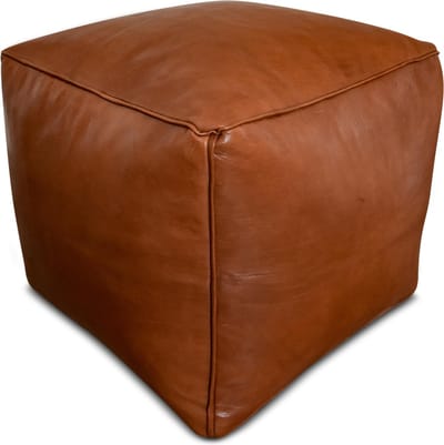 Leren poef caramel bruin - Vierkante poef - Handgemaakt en uniek - 40x40x35 - Gevuld geleverd - Poufs&Pillows