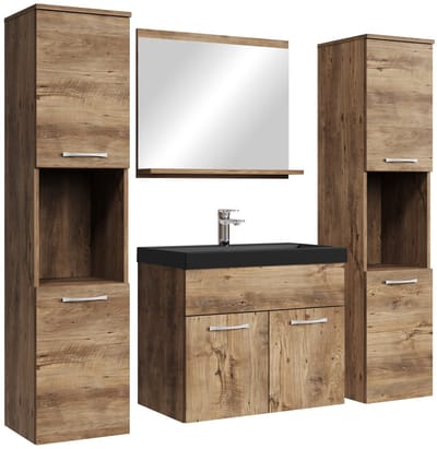 Badplaats Badkamermeubel Set Montreal XL 60 x 35 cm – Bruin Eiken – Badmeubel met Zwarte Wastafel en Zijkasten