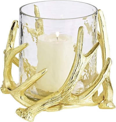 Windlicht met design - Sfeerverlichting lantaarn - Romantische sfeer creëren - Vernikkeld aluminium - Hoogte 15 cm - Goudkleurig