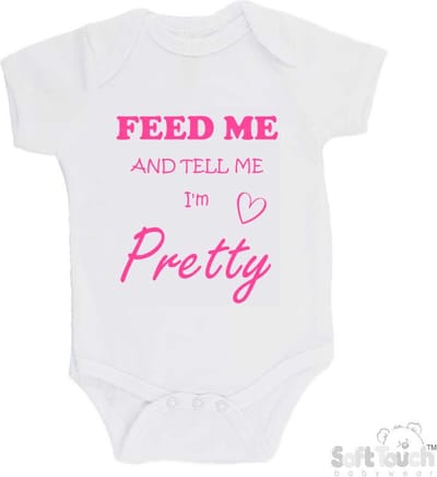 100% katoenen Romper "Feed me and tell me I'm pretty" Meisjes Katoen Wit/roze Maat 62/68