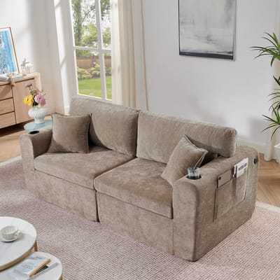 OKWISH 2-Zitsbank - Compact Relaxsofa Met Usb, Bekerhouders En Zijvakken - Voor Kleine Woonruimtes - Chenille - Bruin