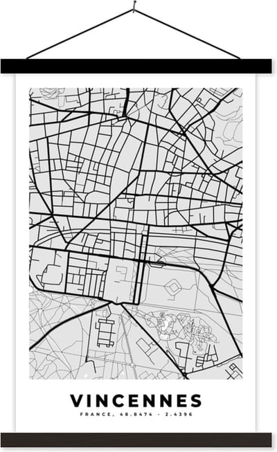 Posterhanger incl. Poster 40x60 cm - Schoolplaat - Kaart – Stadskaart – Frankrijk - Vincennes - Plattegrond - Textielposter - Zwarte latten - Stadskaart