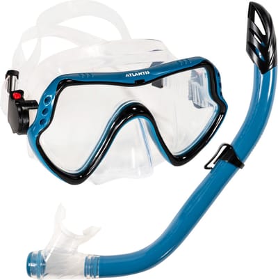 Atlantis Samana Pro Combo - Snorkelset - Snorkel & Duikbril - Versterkt Glas - Dry Top - Luxe Bewaartas - Volwassenen - Zwart/Ocean