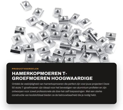 Dailygoods- Hamerkopmoeren 50 Stuks - T-groefmoeren - Koolstofstaal - Aluminium Profiel Accessoires - Professionele Kwaliteit - Europese Standaard