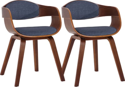 CLP Kingston Set van 2 eetkamerstoelen - Met armleuning - Stof - walnoot/blauw walnoot