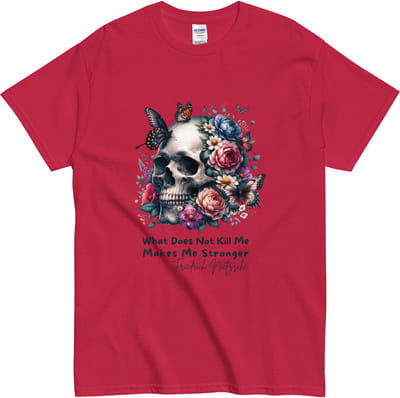 Tshirt met Motivatie Tekst - Doesn't Kill Me - Bloemen en Skull Design - Dames Heren - Rood - XL