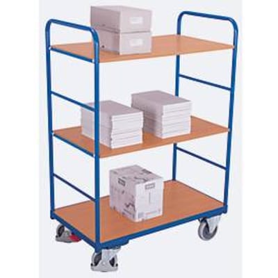 Etagewagen, staal/MDF-plaat, decor gentiaanblauw/beuken, 3 etages, 850 x 500 mm, EasySTOP, tot 250 kg