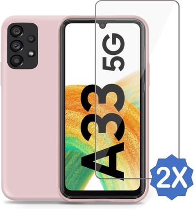 Geschikt voor Samsung A33 5G Hoesje + 2x Screenprotector – Gehard Glas Cover - Suède Case Rose