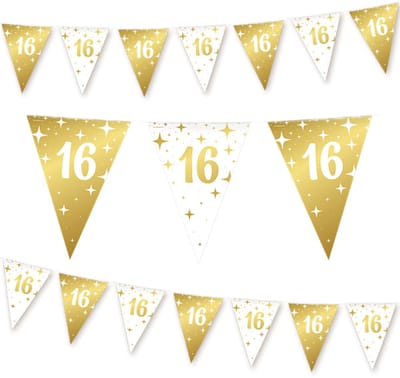 Q2P - 16 Jaar Slinger - Verjaardag Versiering - Vlaggenlijn - Slingers - Feest Decoratie - Vlaggetjes - Wit & Goud - 10m