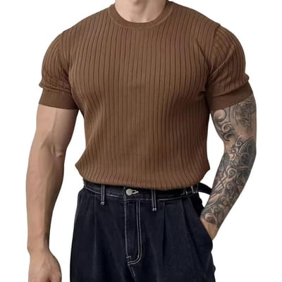 T-shirt de sport d'été pour hommes en fil tricoté élastique col rond coupe ajustée couleur unie manches courtes pull entraînement gymnase haut d'entraînement L marron