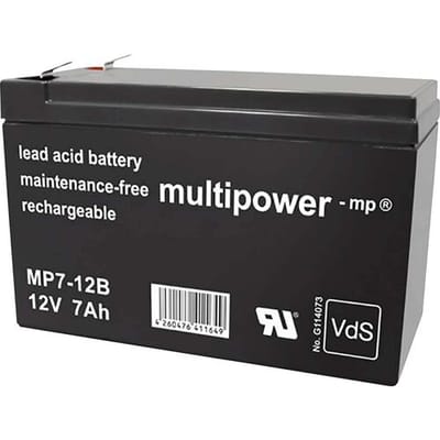 multipower MP7-12B Loodaccu 12 V 7 Ah Loodvlies (AGM) (b x h x d) 65 x 102 x 151 mm Kabelschoen 6.35 mm Onderhoudsvrij, Geringe zelfontlading,