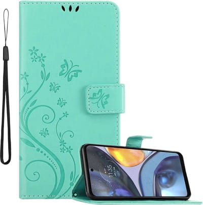 Cadorabo Hoesje geschikt voor Motorola MOTO G22 in BLOEMEN TURKOOIS - Beschermhoes in bloemmotief met magnetische sluiting, standfunctie en kaartsleuven Book Case Cover Etui
