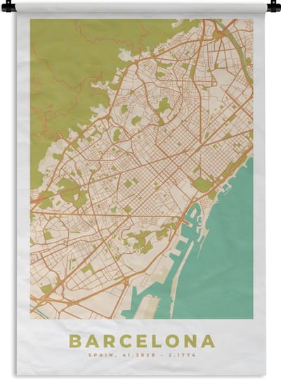 Wandkleed - Wanddoek - Kaart - Barcelona - Stadskaart - Vintage - Plattegrond - 120x180 cm - Wandtapijt