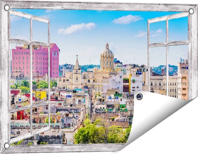 Gards Tuinposter Doorkijk Havana Stad in Cuba - 60x40 cm - Tuindoek - Tuindecoratie - Wanddecoratie buiten - Tuinschilderij