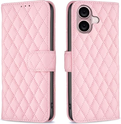BINFEN Hoesje - Geschikt voor iPhone 16 Hoesje - BINFEN Rhombus Book Case - Roze
