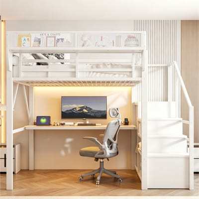 Metalen hoogslaper 140x200 cm met LED-lichtstrip, bureau, veiligheidsladder en verstelbaar rek – zwart-wit modern ruimtebesparend bed