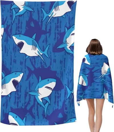 Kinderen Microfiber Handdoek - Sneldrogende Zweetdoek - Strand Zwembad Sport - Haaienprint Design - 150x70 cm - Blauw