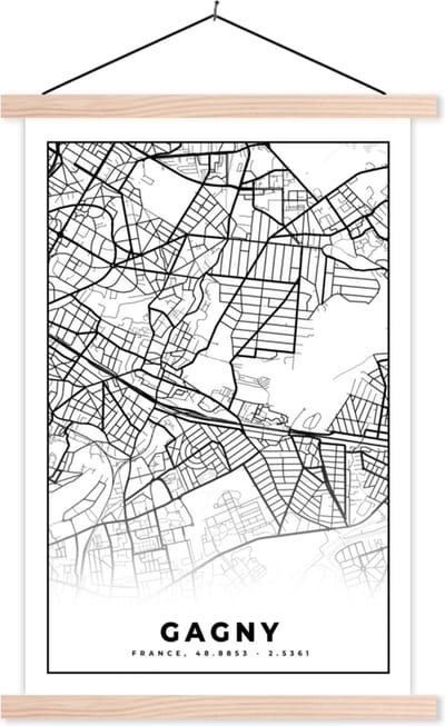 Posterhanger incl. Poster 40x60 cm - Schoolplaat - Gagny - Stadskaart – Plattegrond – Kaart – Frankrijk - Zwart wit - Textielposter - Blanke latten - Stadskaart