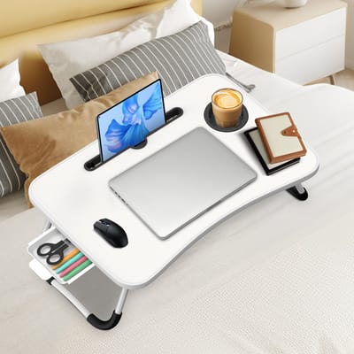 Soontrans Opvouwbare Laptoptafel Met Tablethouder en Bekerhouder, Tafel 60 x 40 cm Lichtgewicht Bedtafel Technisch Ontwerp Multifunctionele Tafel (Kaartsleuf + Bekerhouder + Lade, Wit)