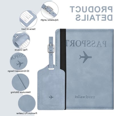 SnelShoppen - Passport Cover Set met RFID Bescherming, PU Leren Paspoorthouder, Inclusief Bagagelabel, Lichtblauw, Reisdocumenten, Bankkaarten, Credit