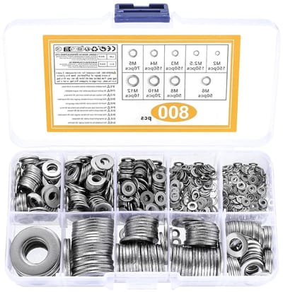 Assortiment van 800 vlakke ringen in roestvrij staal voor schroeven en spacers, M2 tot M12