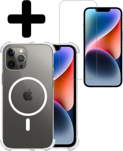Hoesje - Met Screenprotector - Geschikt voor Apple iPhone 14 Pro - Magsafe Compatible - Sterk & Shockproof - Back Cover - Shock Proof Case - Telefoon Hoes - Telefoonhoesjes - Transparant