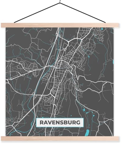 Posterhanger incl. Poster 60x60 cm - Schoolplaat - Blauw – Duitsland – Plattegrond – Stadskaart – Kaart – Ravensburg - Textielposter - Blanke latten - Stadskaart