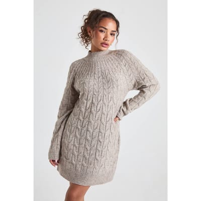 boohoo Dames Gebreide mini-jurk met hoge hals en kabeldetail | Stone | Maat: Small