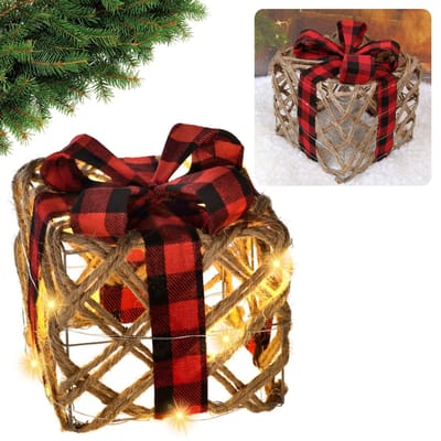 Jute geschenk met LED strik, kerstdecoratie 15cm