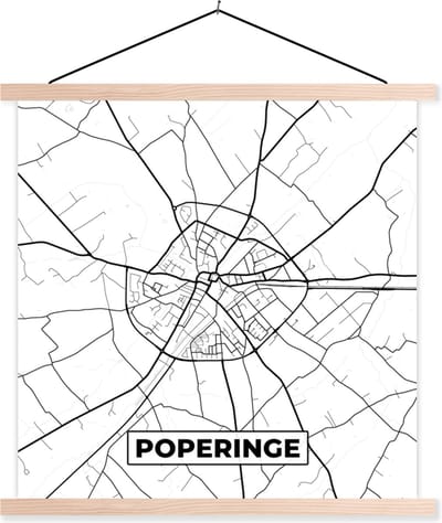 Posterhanger incl. Poster 40x40 cm - Schoolplaat - België – Poperinge – Stadskaart – Kaart – Zwart Wit – Plattegrond - Textielposter - Blanke latten - Stadskaart