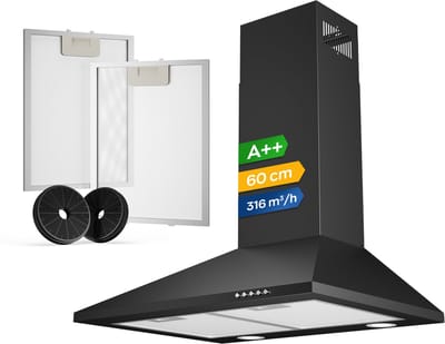 Heinrich’s HDU 7627 60cm Afzuigkap zwart - inclusief set koolstoffilters – 334m3 - energieklasse A++