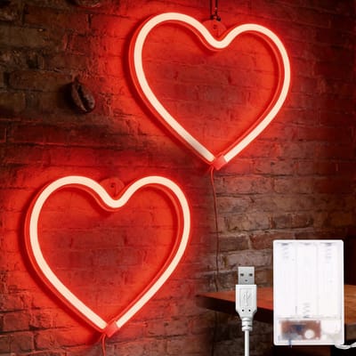 Dailygoods- Neonbord 2 stuks - LED Hartvormige Lichtreclame - 21 x 20 cm - Romantische Decoratie - Valentijnsdag - Slaapkamer