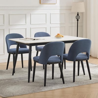Moderne Eetkamerstoelen Set van 4 - Gestoffeerd Blauw met Houten Poten - Ergonomisch Design - Luxe Keukenstoelen - Farmhouse Stijl - Blauw
