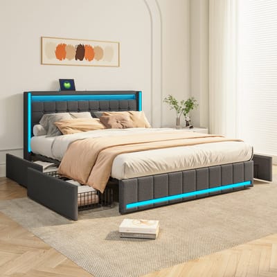 Tweepersoonsbed - 160x200cm - met 4 lades - Gestoffeerd bed met USB- en LED-aansluitingen - Tienerbed met opbergruimte - Grijs - Matras niet inbegrepen