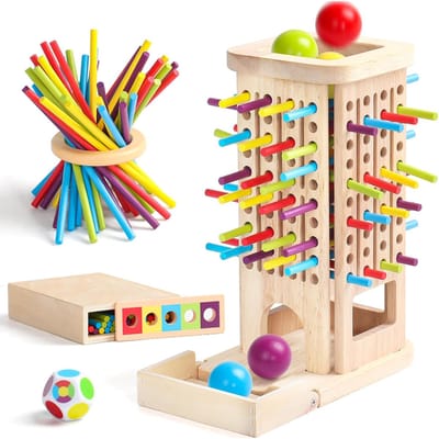 Houten educatief spel - 40 houten stokjes met opbergdoos - 3-in-1 spel voor sorteren, kleuren leren en balans - Leer- en puzzelspel voor jonge kinderen - Meerkleurig