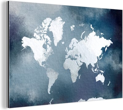 Aluminium schilderij 150x100 cm - Wanddecoratie metaal - Wereldkaart - Aquarel - Blauw - Metalen muurdecoratie woonkamer - Decoratie industrieel - Foto op dibond - Industriële accessoires slaapkamer