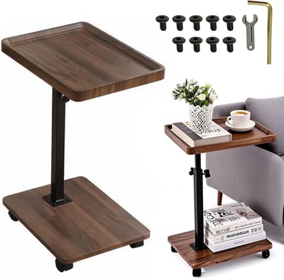 C-vormige bijzettafel - banktafel met wielen - 360° draaibaar - verplaatsbaar nachtkastje - laptoptafel - salontafel - geschikt voor banken, bedden, woonkamers, slaapkamers en kantoren - ruimtebesparend - 40*30*45 cm - walnootkleur