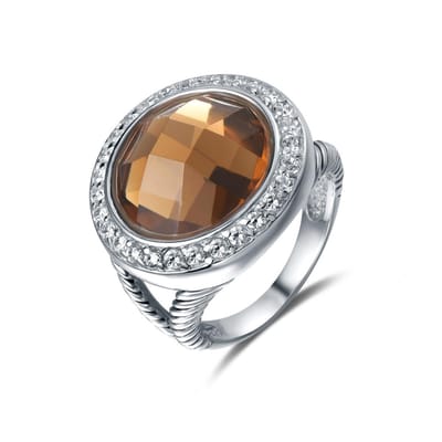Quiges - Ring Klassiek in Vintage Stijl Solitair met Zirkonia Kristal Bruin Ovaal - 925 Zilver - QSR06717