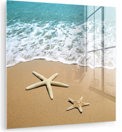 MuchoWow® Glasschilderij 90x90 cm - Schilderij acrylglas - Zeester - Strand - Zee - Foto op glas - Muurdecoratie woonkamer - Wanddecoratie slaapkamer - Schilderijen