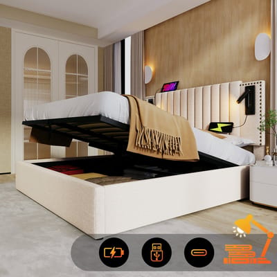 Gestoffeerd bed 180x200, tweepersoonsbed met opbergruimte, bedbox, leeslampje met USB-oplaadfunctie, hoofdbord, rugleuning met siernagels, bed met lattenbodem en bedbox, katoen, beige (matras niet inbegrepen)