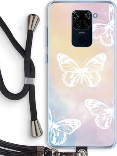 Case Company® - Hoesje met koord geschikt voor Xiaomi Redmi Note 9 hoesje met Koord - White butterfly - Telefoonhoesje met Zwart Koord - Bescherming aan alle Kanten en Over de Schermrand