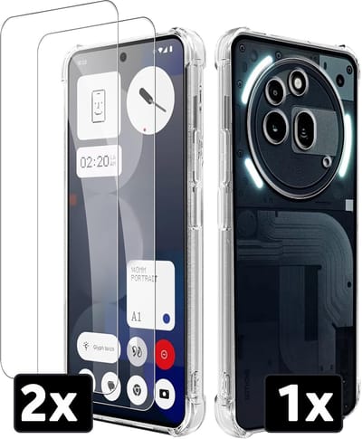 Casemania Hoesje & Glas Geschikt voor Nothing Phone 3a Pro - Transparant & 2X Glazen Screenprotector - Anti Shock Back Cover