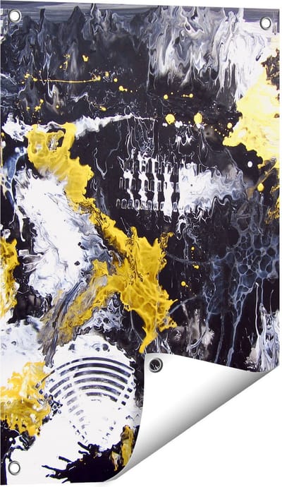 Gards Tuinposter Abstracte Kunst met Zwart, Wit en Goud - 40x60 cm - Tuindoek - Tuindecoratie - Wanddecoratie buiten - Tuinschilderij