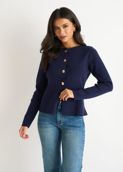 Marineblauw-gouden geribbeld gebreid vest