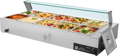 Commerciële voedselverwarmer, 1700 W elektrische roestvrijstalen stoomverwarmer met glazen deksel, 10-pans buffet-bain-marie voor op het aanrecht met soep- en geperforeerde pollepels, ideaal voor catering, restaurants en evenementen