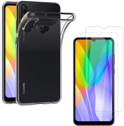 Hoesje Ultraslank geschikt voor Huawei y6p backcover siliconen Transparant en 2 stuks ScreenProtector Gehard Glas met zwarte randen