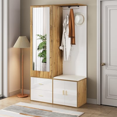 Luxe Garderobeset in Wit & Houtlook – Met Spiegel, Schoenenkast, Schoenenbank, Haken en Uittrekbare Kledingstang – Complete Halmeubelset met Veel Opbergruimte