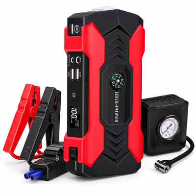 Gloovon® - Jumpstarter voor Auto & Motor - Jumpstarter Met Compressor - 12V - 7200 mAh - Starthulp - Noodverlichting - Startkabels - Compressor Bandenpomp - LED-scherm & Powerbank - Incl. Opbergkoffer - Noodpakket