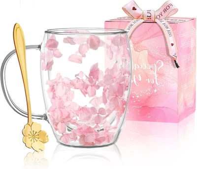 Dried Floral Dubbelwandige Glazen Koffiemokken voor Vrouwen - Schattige Theekopjes met Handvatten, Perfect voor Herfst, Kerst en Verjaardag Cadeaus voor Vriendinnen en Moeders