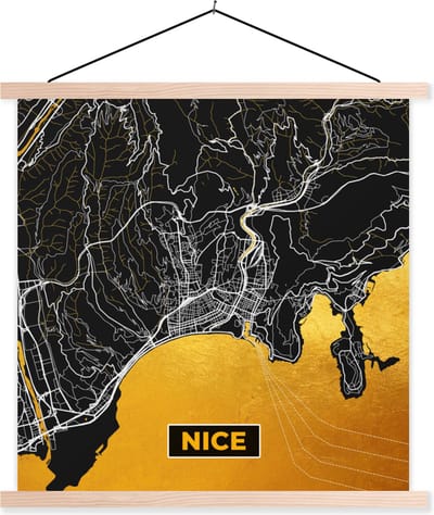 Posterhanger incl. Poster 40x40 cm - Schoolplaat - Stadskaart – Nice - Frankrijk – Kaart – Plattegrond - Textielposter - Blanke latten - Stadskaart